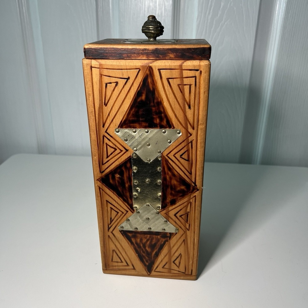 Decorative Wooden Box w/Lid Geometric Pattern Metal Accents‎